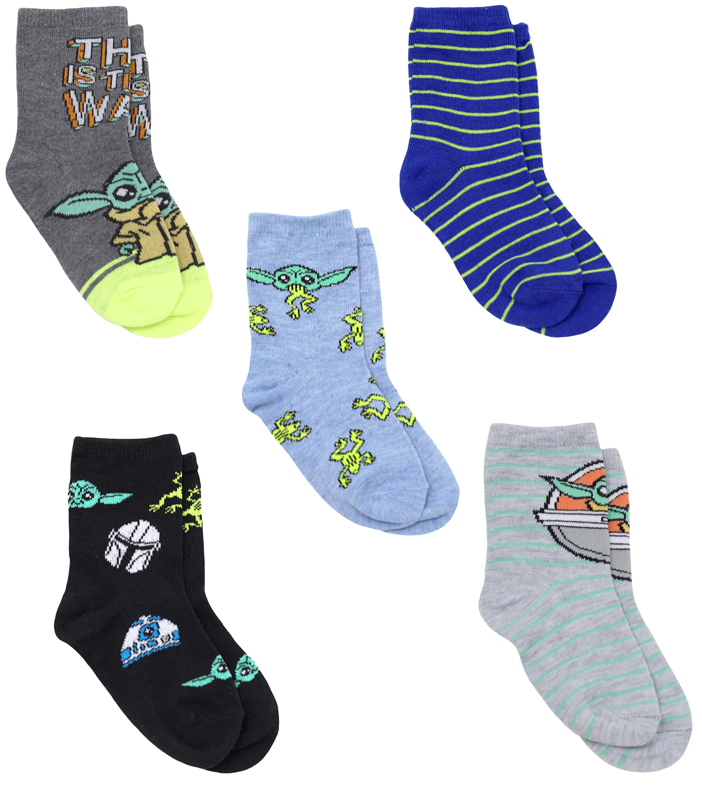 STAR WARS The Mandalorian Baby Yoda Novelty Crew Socks for Boys Multi Pack of 5, Grey, Small