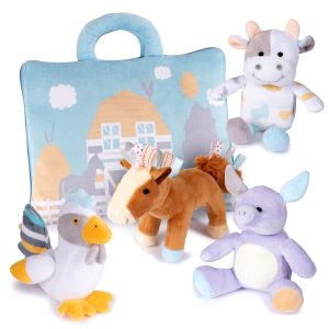 Barn Animals Baby Developmental Toys 6 Months | Newborn Gifts | Infant Gifts | Rattle, Crinkle, Squeak, & Tags Set | Soft Baby Toys | Barn Toys for Toddlers 1-3 | Sensory Animals with Play Mat